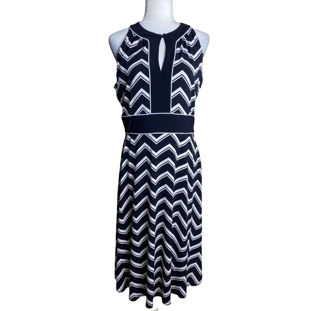 Jessica Howard Blue White Chevron Print A-line Midi Dress Sz 10